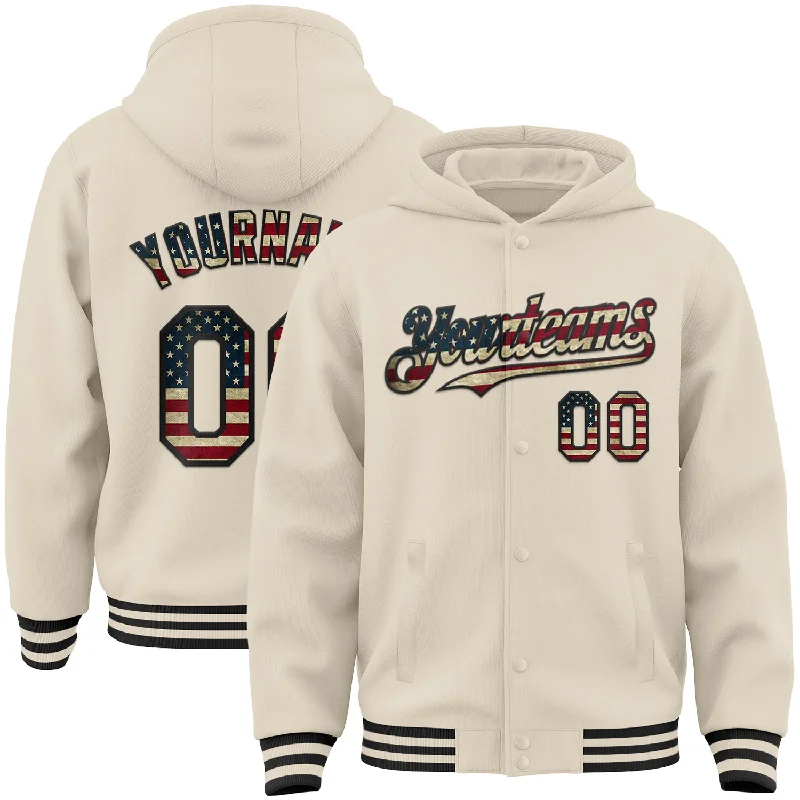 Versatile Gender-Free Wardrobe Essentials Flash Sale Fever Custom Cream Vintage USA Flag-Black Bomber Full-Snap Varsity Letterman Hoodie Jacket