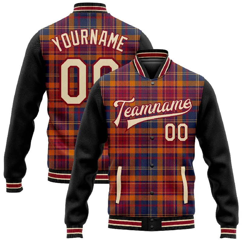 Sleek And Stylish Unisex Outerwear Stay Ahead In Style Custom Crimson Cream Black-City Cream Classic Western Plaid 3D Pattern Design Bomber Full-Snap Varsity Letterman Jacket