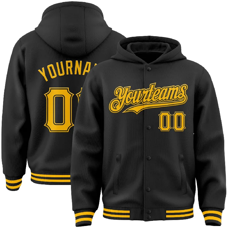 Contemporary Gender-Free Clothing Styles Exclusive Sale Custom Black Gold Bomber Full-Snap Varsity Letterman Hoodie Jacket