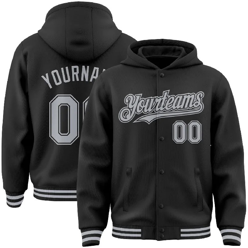 Fashion-Forward Unisex Apparel Timeless Style Promotions Custom Black Gray Bomber Full-Snap Varsity Letterman Hoodie Jacket