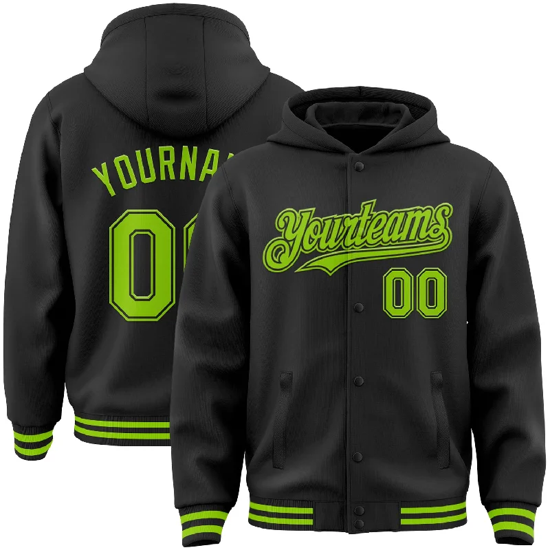 Soft And Breathable Unisex Loungewear Weekend Exclusive Custom Black Neon Green Bomber Full-Snap Varsity Letterman Hoodie Jacket