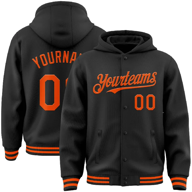 High-Quality Unisex Basics For All Occasions Fashionista Sale Custom Black Orange Bomber Full-Snap Varsity Letterman Hoodie Jacket