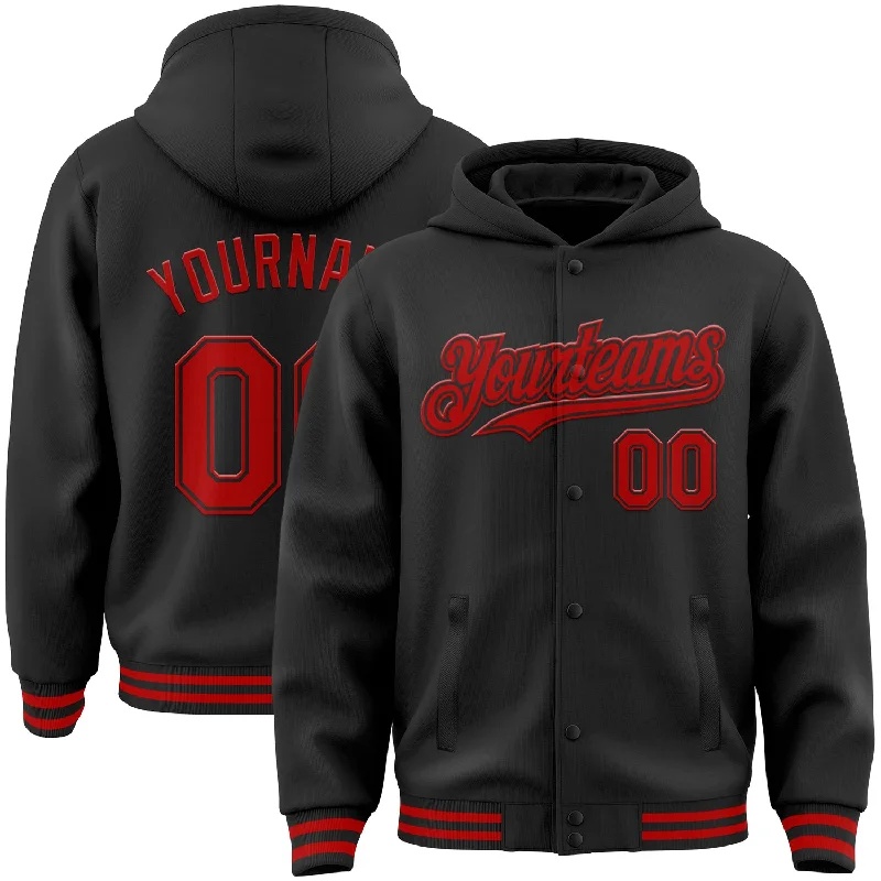 Classic And Timeless Gender-Neutral Fashion Flash Sale Custom Black Red Bomber Full-Snap Varsity Letterman Hoodie Jacket