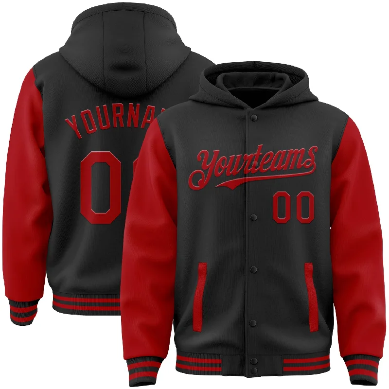 Stylish Unisex Outfit Ideas New Season Fashion Preview Sale Custom Black Red Bomber Full-Snap Varsity Letterman Two Tone Hoodie Jacket