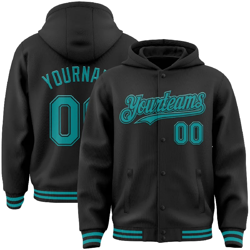 Effortless And Modern Unisex Dressing Casual Chic Custom Black Teal Bomber Full-Snap Varsity Letterman Hoodie Jacket