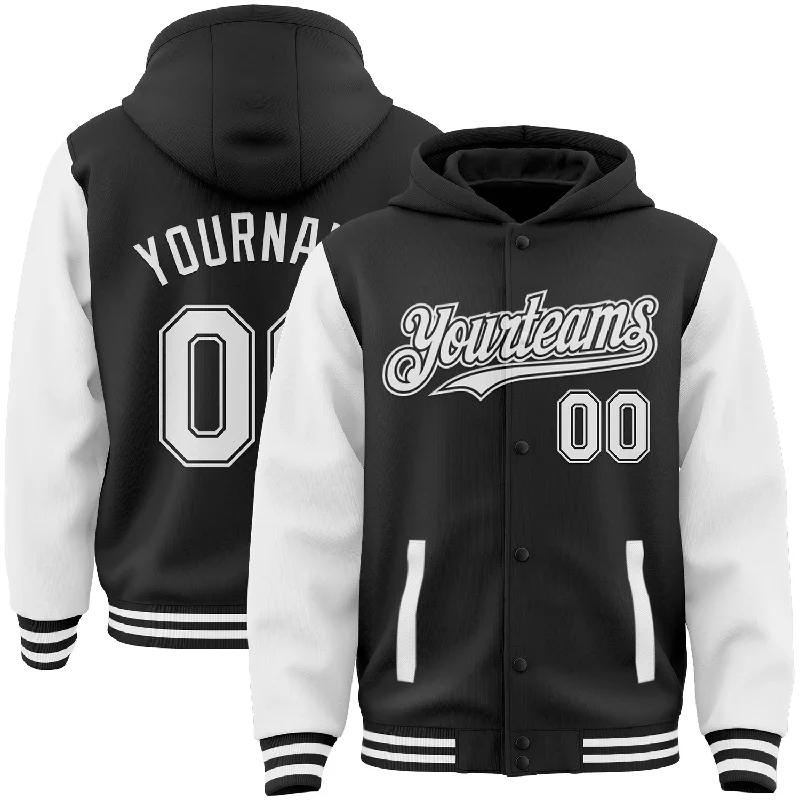 Bold And Trendy Gender-Neutral Outfits Best-Sellers Custom Black White Bomber Full-Snap Varsity Letterman Two Tone Hoodie Jacket