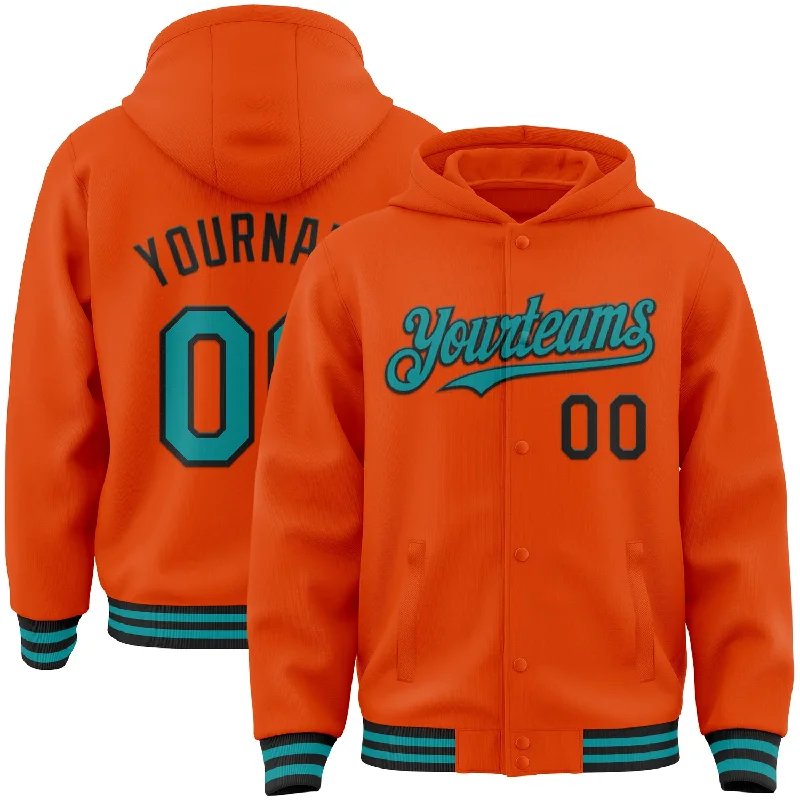 Sleek And Comfortable Unisex Wear Hot Sale Custom Orange Teal-Black Bomber Full-Snap Varsity Letterman Hoodie Jacket