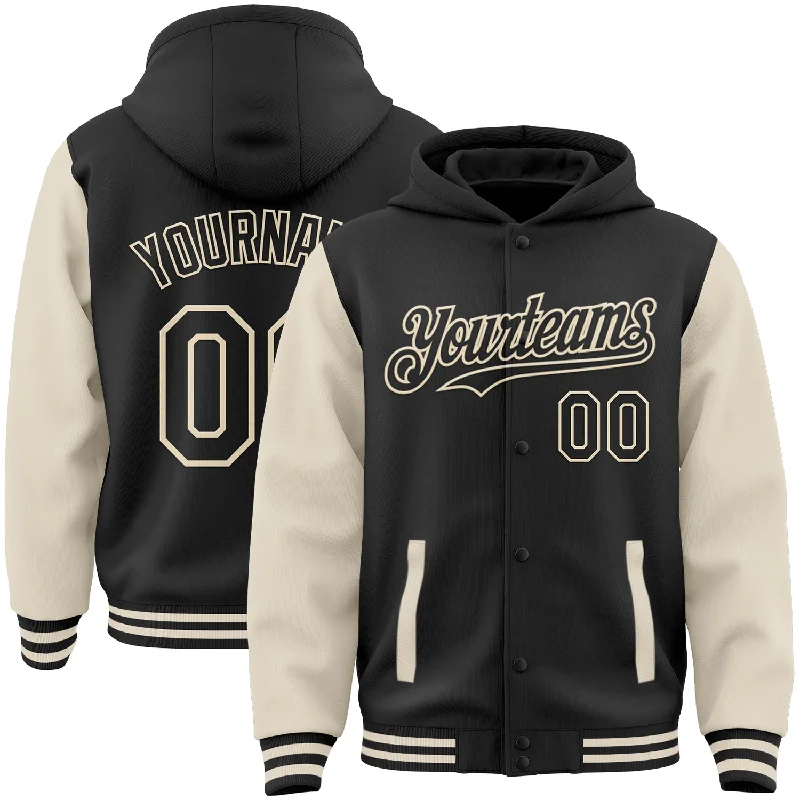 Chic And Casual Unisex Fashion Trends Season Sale Custom Black Cream Bomber Full-Snap Varsity Letterman Two Tone Hoodie Jacket