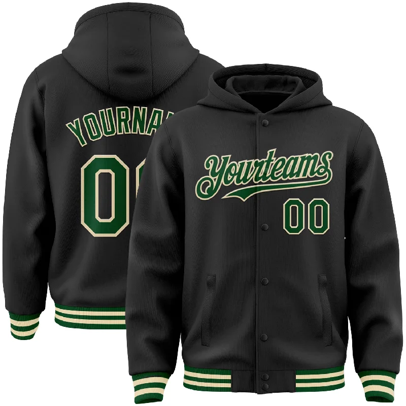 High-Quality Unisex Fashion Basics Don't Miss Out Custom Black Green-Cream Bomber Full-Snap Varsity Letterman Hoodie Jacket