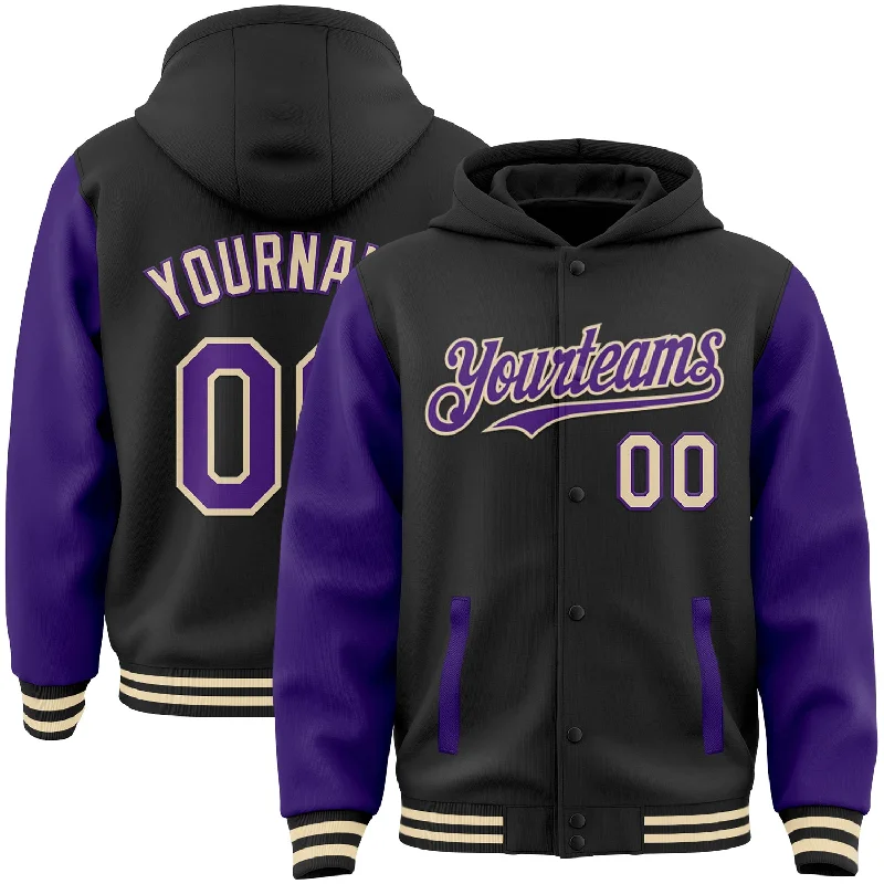 Urban-Inspired Unisex Fashion Pieces Unleash Your Fashion Custom Black Purple-Cream Bomber Full-Snap Varsity Letterman Two Tone Hoodie Jacket