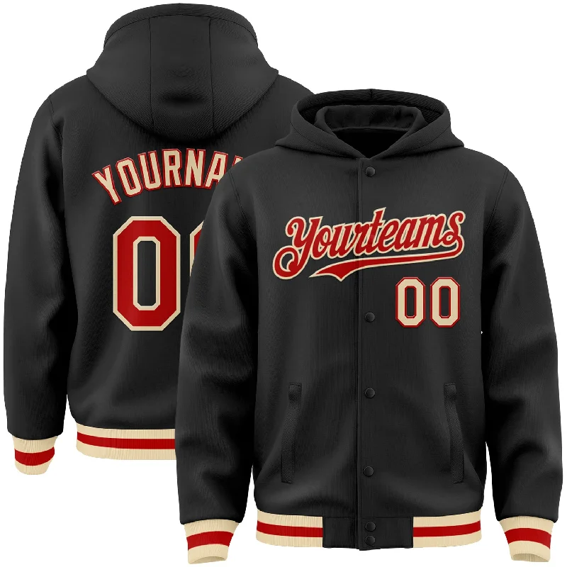 Lightweight And Breathable Unisex Wear Luxury Fashion Discounts Custom Black Red-Cream Bomber Full-Snap Varsity Letterman Hoodie Jacket