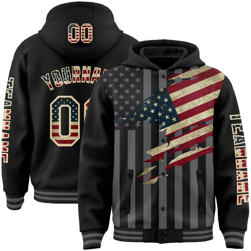 Modern Unisex Streetwear Outfits Additional Time-Limited Offers Custom Black Vintage USA Flag Cream-Gray 3D Bomber Full-Snap Varsity Letterman Hoodie Jacket