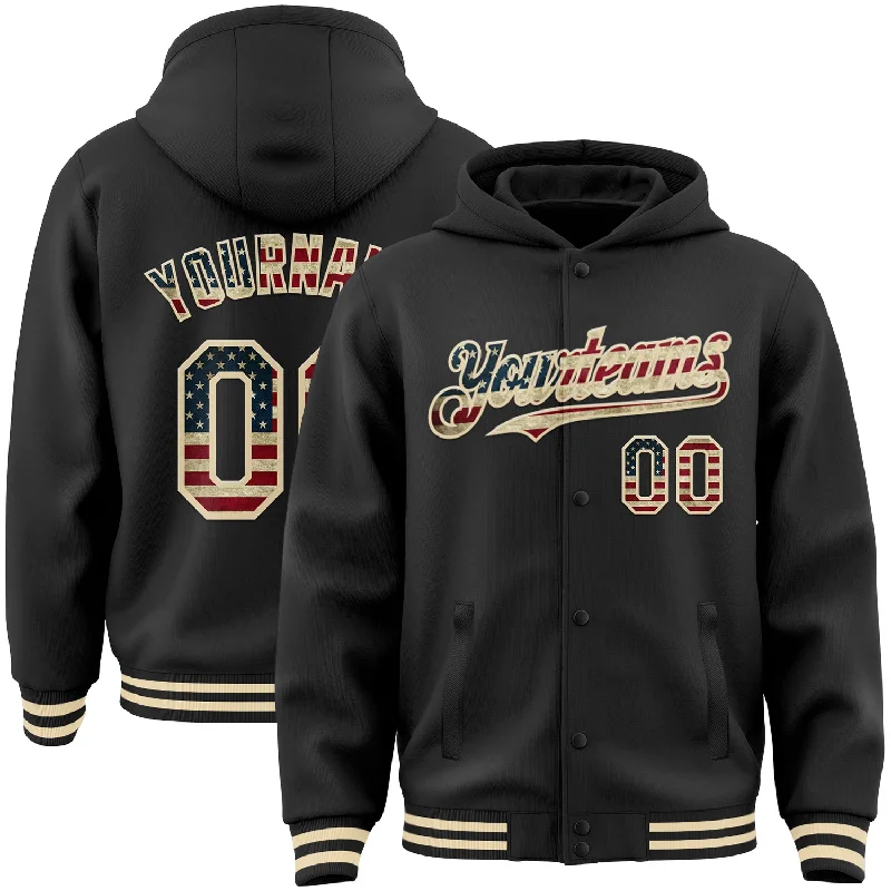 Stylish Unisex Outfit Ideas Sustainable Fashion Extravaganza Custom Black Vintage USA Flag-Cream Bomber Full-Snap Varsity Letterman Hoodie Jacket