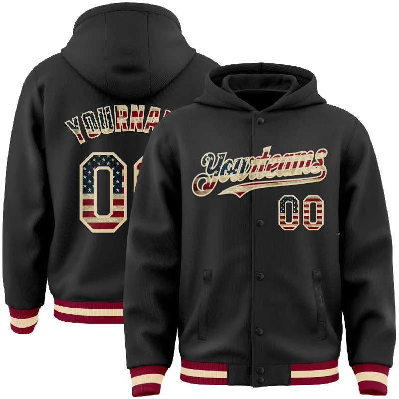 Relaxed-Fit Unisex Clothing Options Avant-Garde Style Promotions Custom Black Vintage USA Flag Cream-Maroon Bomber Full-Snap Varsity Letterman Hoodie Jacket