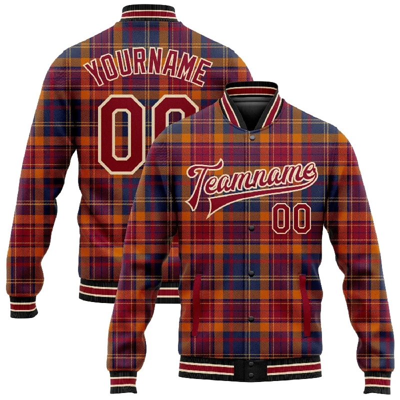 Relaxed-Fit Unisex Fashion For All-Day Comfort Effortless Style, Endless Impact Custom Crimson Cream Black-City Cream Classic Western Plaid 3D Pattern Design Bomber Full-Snap Varsity Letterman Jacket