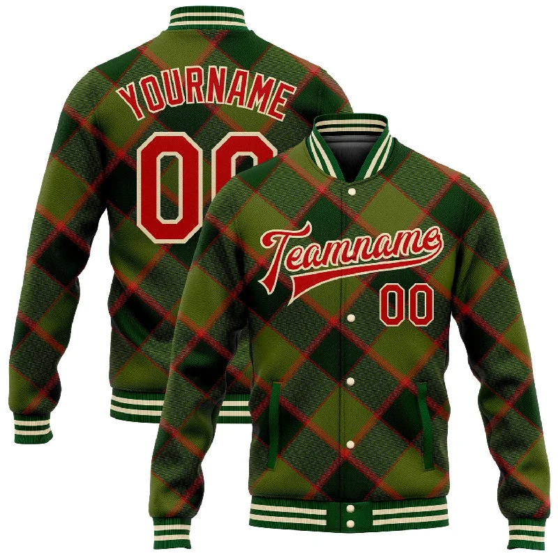 Sleek And Comfortable Unisex Wear Chic & Cozy Collection Custom Green Red-Cream Check Board 3D Pattern Design Bomber Full-Snap Varsity Letterman Jacket