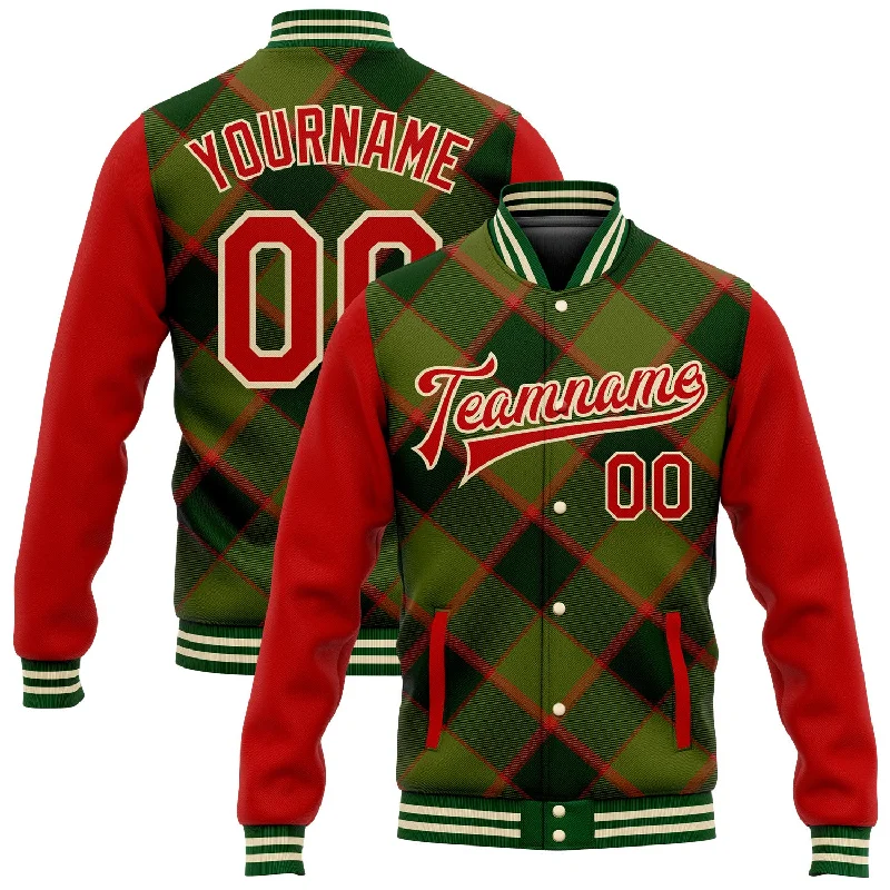 Modern Unisex Clothing For Any Occasion Unleash Your Trendy Side Custom Green Red-Cream Check Board 3D Pattern Design Bomber Full-Snap Varsity Letterman Jacket