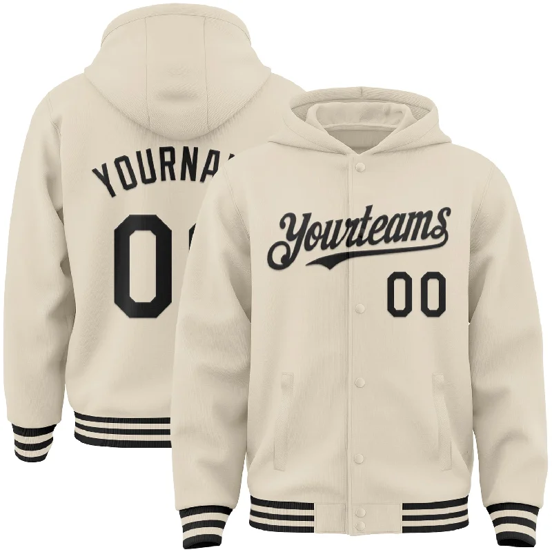 High-Quality Unisex Fashion Basics Seize Bargains Custom Cream Black Bomber Full-Snap Varsity Letterman Hoodie Jacket