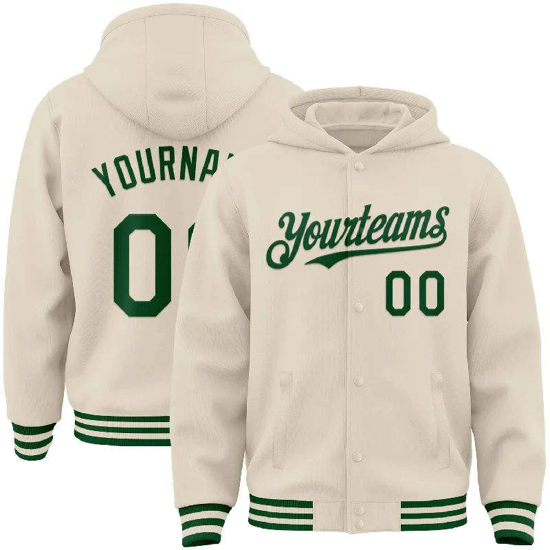 Modern Unisex Streetwear Outfits Mega Sales Custom Cream Green Bomber Full-Snap Varsity Letterman Hoodie Jacket