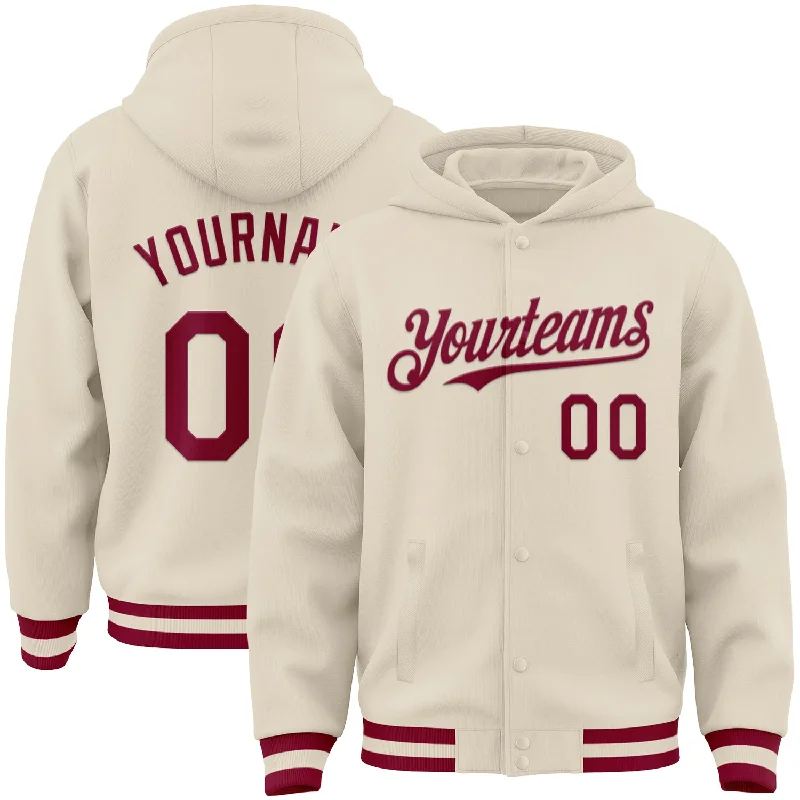 Sleek And Stylish Unisex Outerwear Elegant Fashion Offers Custom Cream Maroon Bomber Full-Snap Varsity Letterman Hoodie Jacket