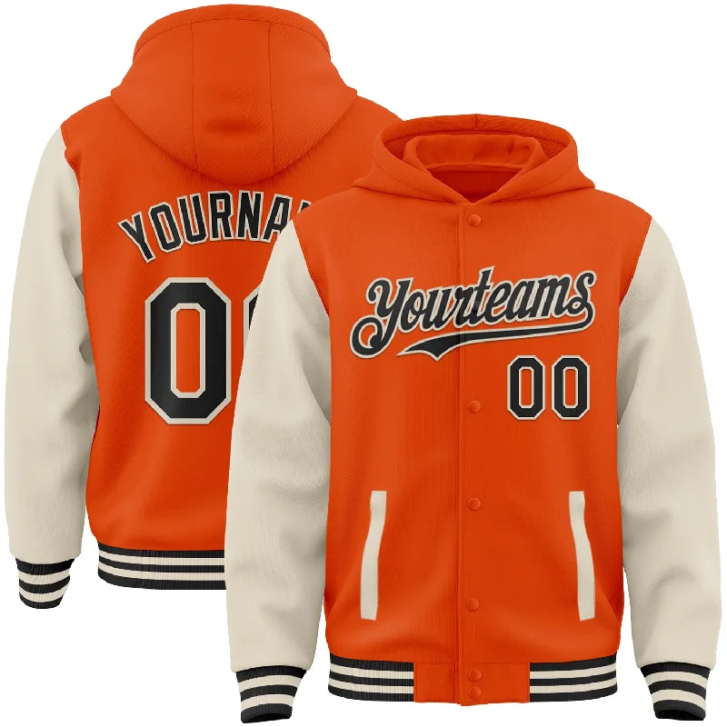 Minimalist Unisex Wardrobe Must-Haves Trend Forward Threads Custom Orange Black-Cream Bomber Full-Snap Varsity Letterman Two Tone Hoodie Jacket