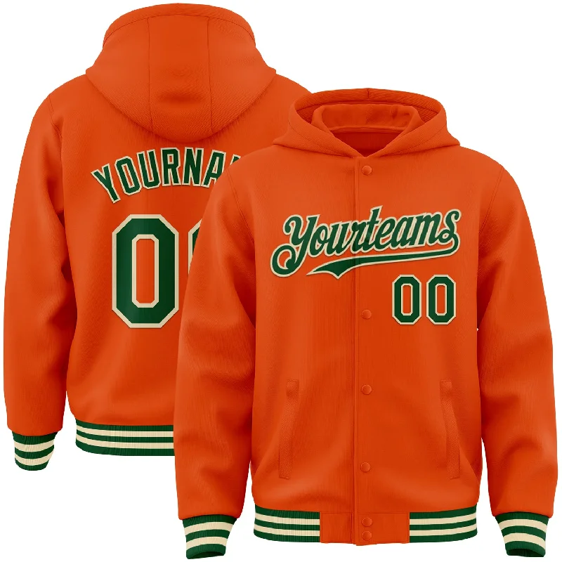 Sustainable And Ethical Unisex Clothing Must Haves Custom Orange Green-Cream Bomber Full-Snap Varsity Letterman Hoodie Jacket