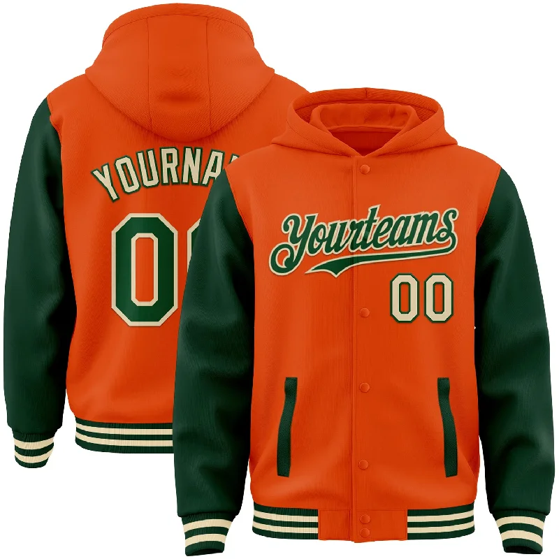 Gender-Neutral Trendy Clothing Styles Limited-Time Offer Custom Orange Green-Cream Bomber Full-Snap Varsity Letterman Two Tone Hoodie Jacket