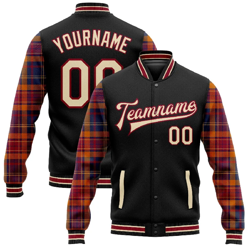 Classic Unisex Fashion Looks New Season Fashion Preview Custom Black Cream Crimson-City Cream Classic Western Plaid 3D Pattern Design Bomber Full-Snap Varsity Letterman Jacket