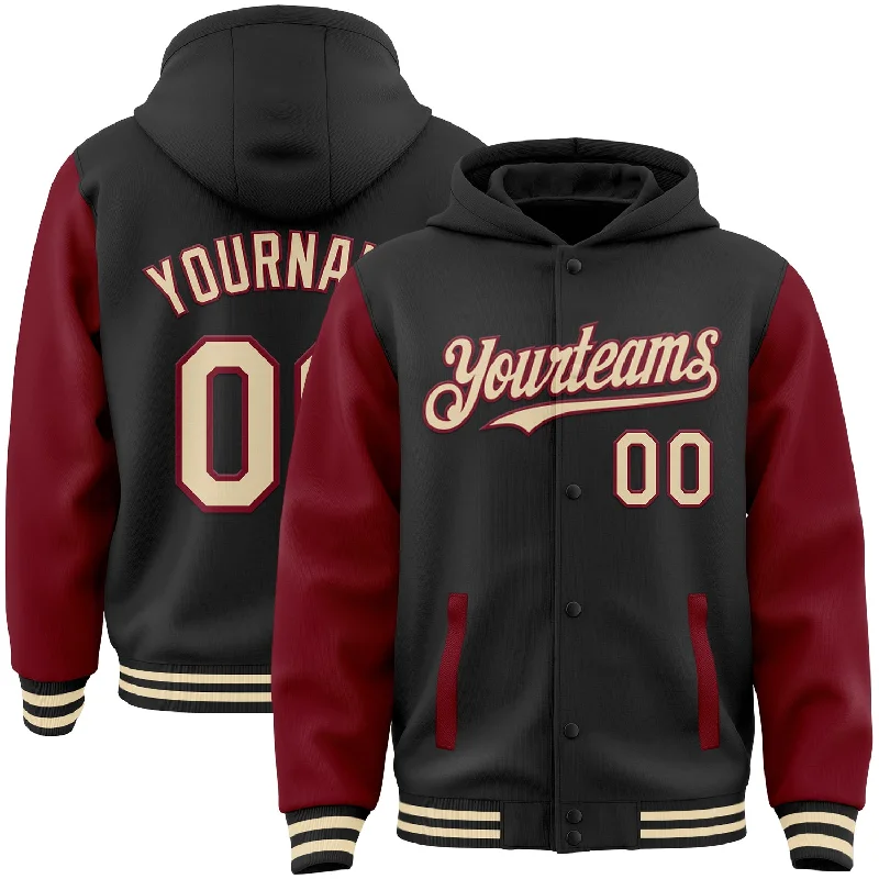 Sleek And Comfortable Unisex Wear Fashion Deal Custom Black Cream-Crimson Bomber Full-Snap Varsity Letterman Two Tone Hoodie Jacket