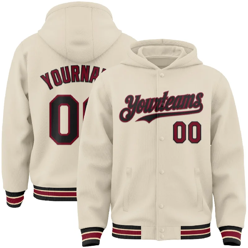 Versatile Gender-Free Wardrobe Essentials Seasonal Picks Custom Cream Black Crimson-City Cream Bomber Full-Snap Varsity Letterman Hoodie Jacket