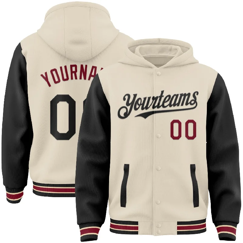 Bold And Trendy Gender-Neutral Outfits New Arrivals Custom Cream Black Crimson-City Cream Bomber Full-Snap Varsity Letterman Two Tone Hoodie Jacket