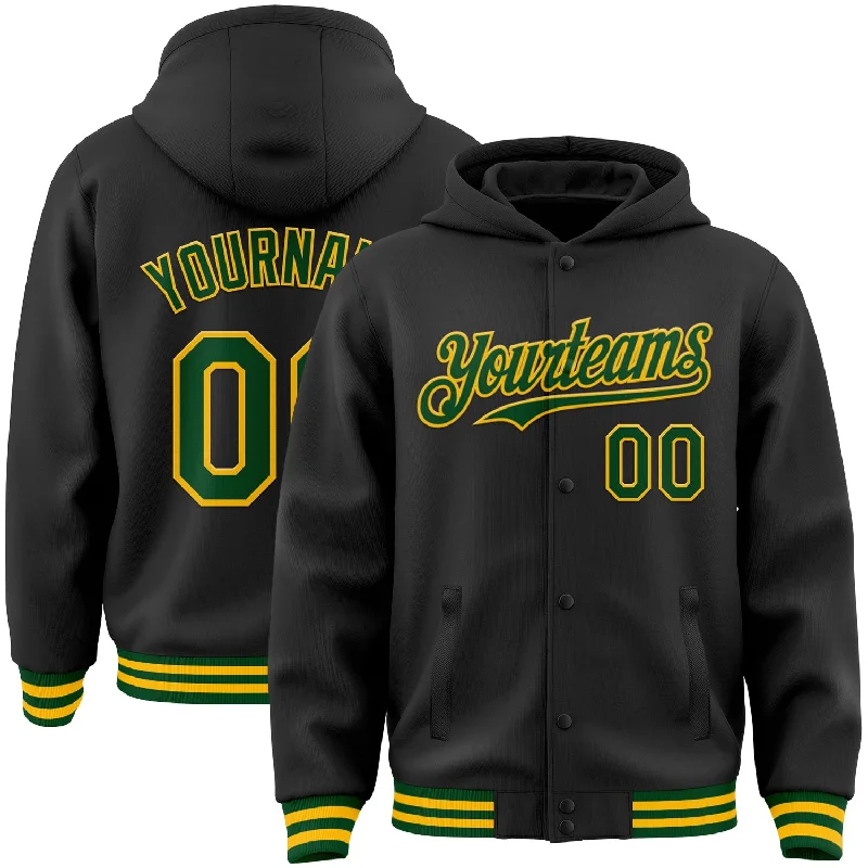 Gender-Neutral Trendy Clothing Styles Bid Farewell To The Old Season Custom Black Green-Gold Bomber Full-Snap Varsity Letterman Hoodie Jacket