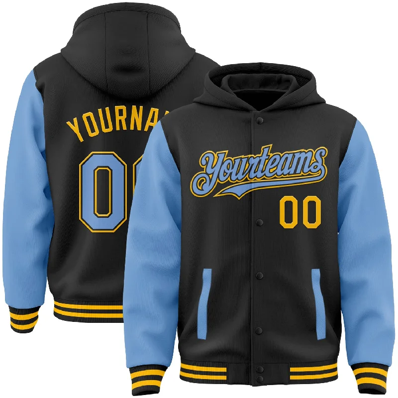 Gender-Neutral Trendy Clothing Styles Budget Friendly Custom Black Light Blue-Gold Bomber Full-Snap Varsity Letterman Two Tone Hoodie Jacket