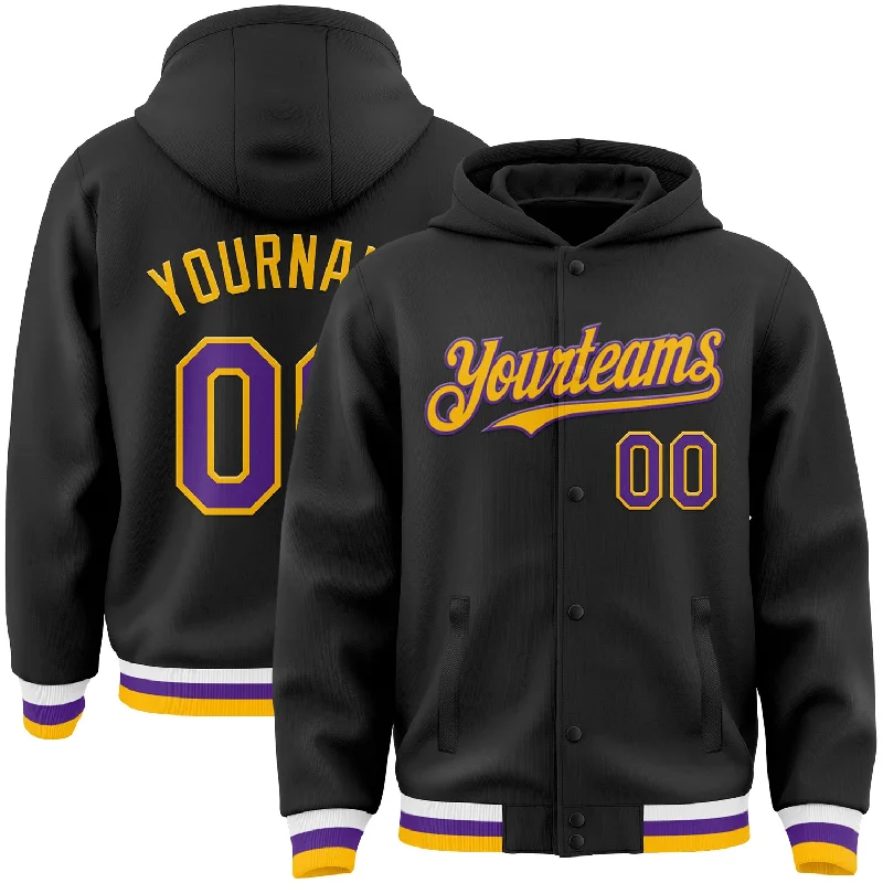 Comfortable And Stylish Unisex Outfits Season Sale Custom Black Purple-Gold Bomber Full-Snap Varsity Letterman Hoodie Jacket