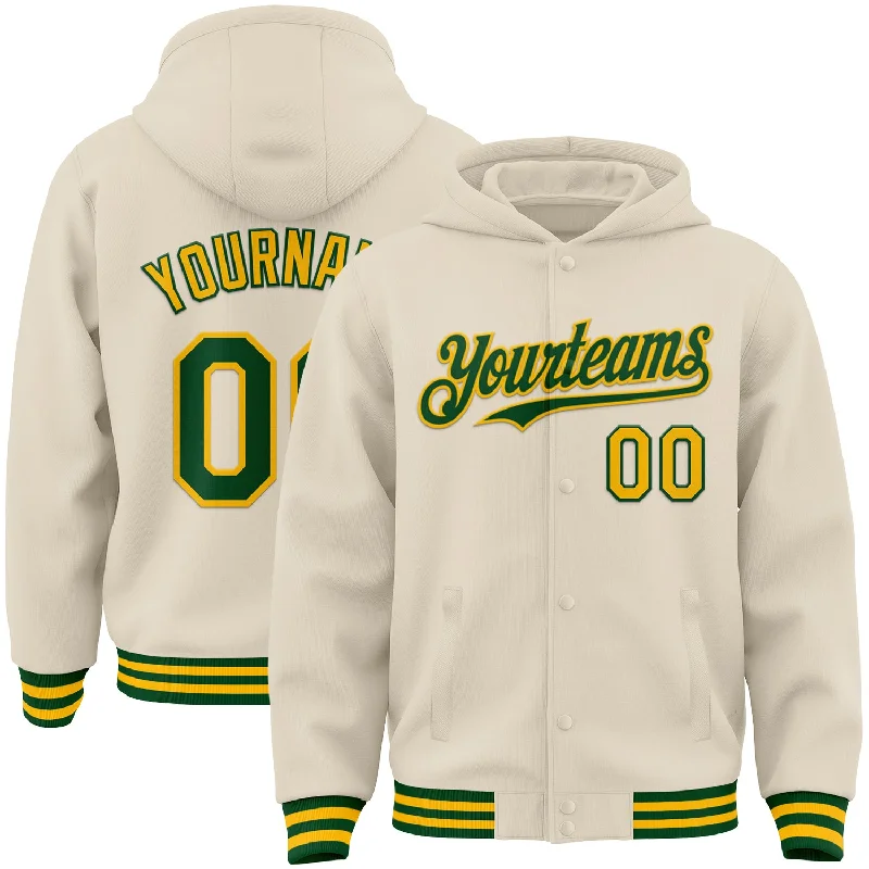 Sustainable Gender-Neutral Apparel Chic And Edgy Custom Cream Green-Gold Bomber Full-Snap Varsity Letterman Hoodie Jacket