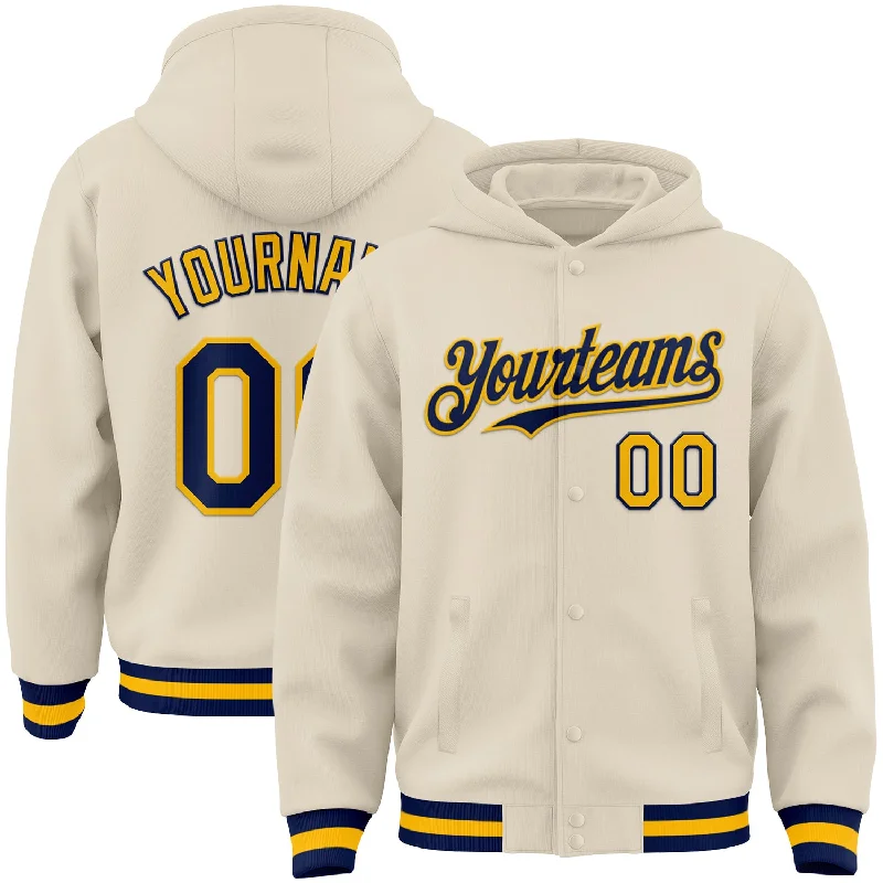 Urban-Inspired Unisex Fashion Trends Fashion Forward Femininity Custom Cream Navy-Gold Bomber Full-Snap Varsity Letterman Hoodie Jacket