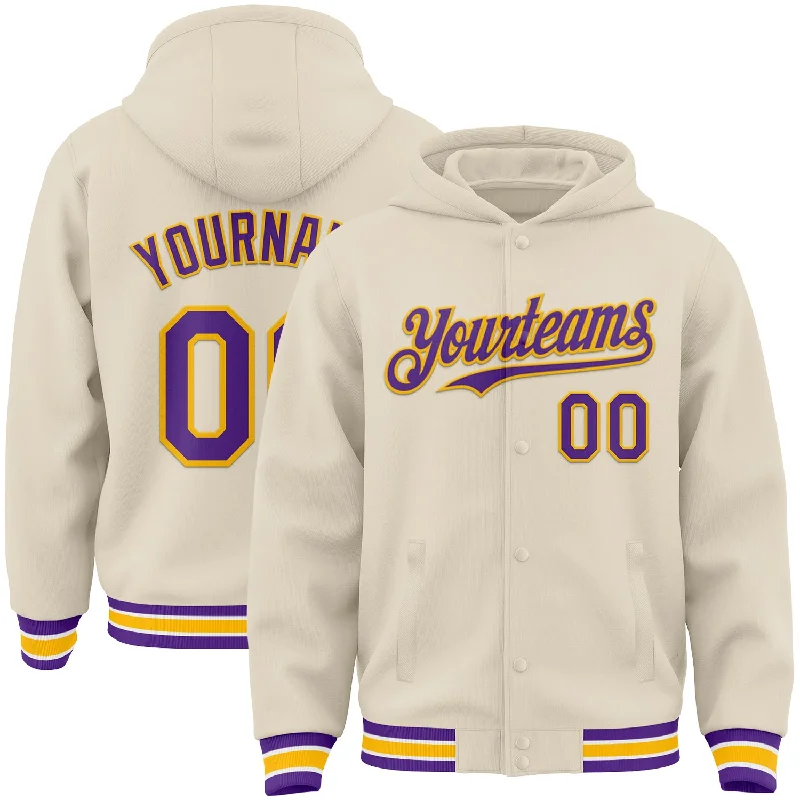 Comfortable Gender-Free Fashion Choices Retro Style Promotions Custom Cream Purple Gold-White Bomber Full-Snap Varsity Letterman Hoodie Jacket