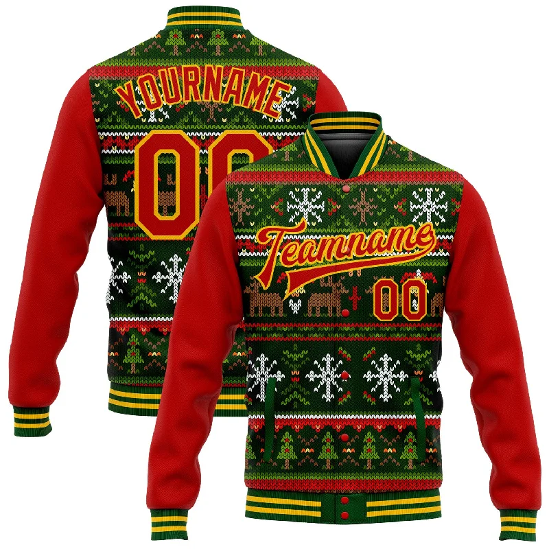 Versatile Unisex Layering Pieces Fashion-Forward Custom Green Red-Gold Christmas 3D Bomber Full-Snap Varsity Letterman Jacket