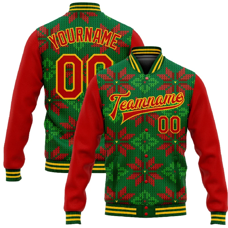 High-Quality Unisex Basics For All Occasions Limited Time Deal Custom Green Red-Gold Christmas 3D Bomber Full-Snap Varsity Letterman Jacket