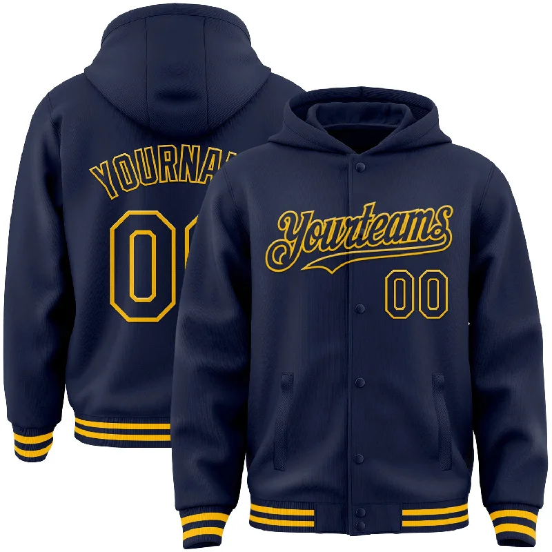 Fashion-Forward Gender-Neutral Outerwear Shop The Hottest Deals Custom Navy Gold Bomber Full-Snap Varsity Letterman Hoodie Jacket