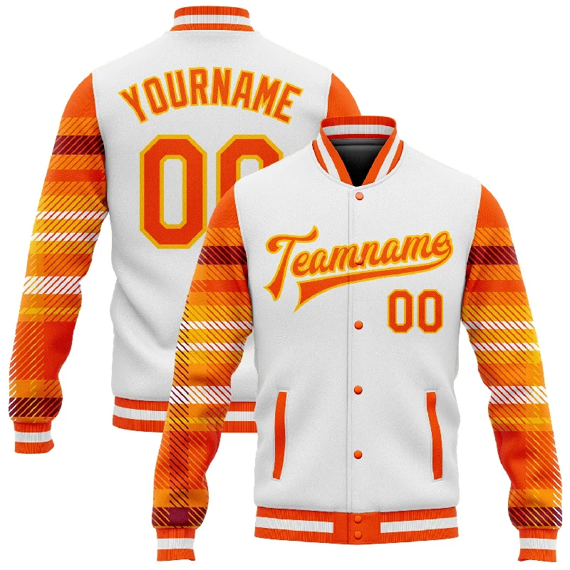 Unisex Everyday Fashion Essentials Comfort Meets Fashion Custom White Orange-Gold Check Board 3D Pattern Design Bomber Full-Snap Varsity Letterman Jacket