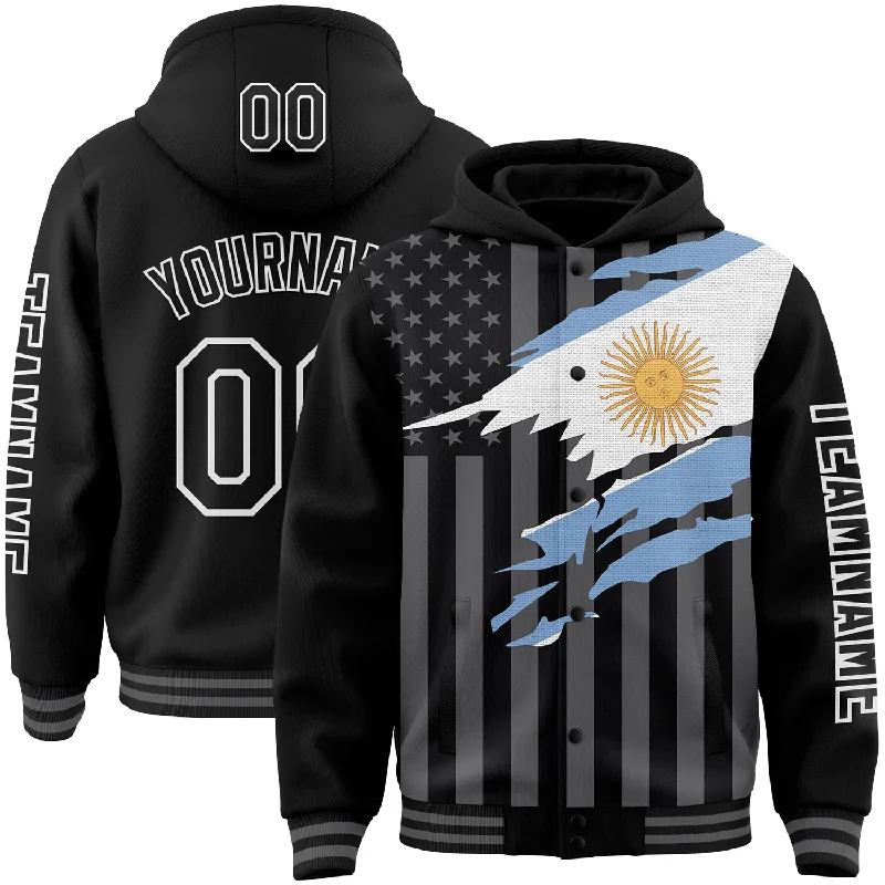 Fashion-Forward Gender-Neutral Outfit Ideas Chic Trend Collection Custom Black Gray-White Argentina Argentinian Flag 3D Bomber Full-Snap Varsity Letterman Hoodie Jacket