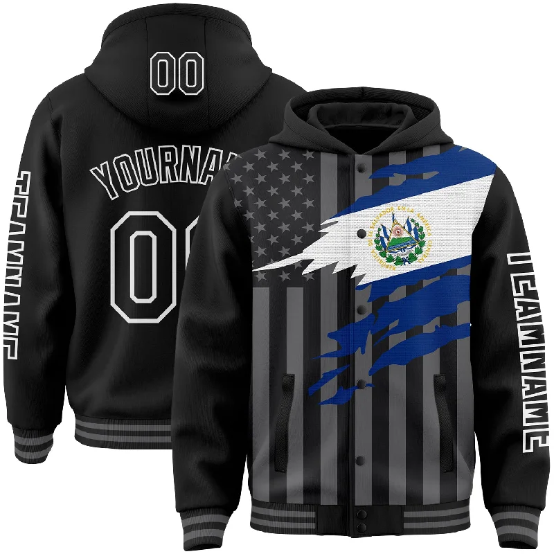 Modern Unisex Wardrobe Staples Forward Trendsetter Custom Black Gray-White El Salvador El Salvadoran Flag 3D Bomber Full-Snap Varsity Letterman Hoodie Jacket