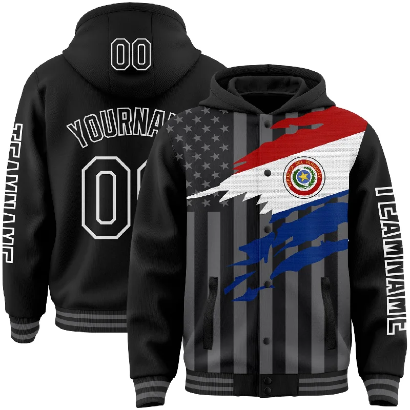 Functional And Stylish Unisex Wear Limited Stock, Big Sale Custom Black Gray-White Paraguay Paraguayan Flag 3D Bomber Full-Snap Varsity Letterman Hoodie Jacket