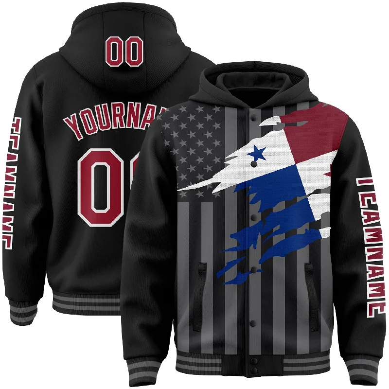 High-Quality Unisex Basics For Everyday Wear Limited Time Offer Custom Black Crimson-Gray Panama Panamanian Flag 3D Bomber Full-Snap Varsity Letterman Hoodie Jacket