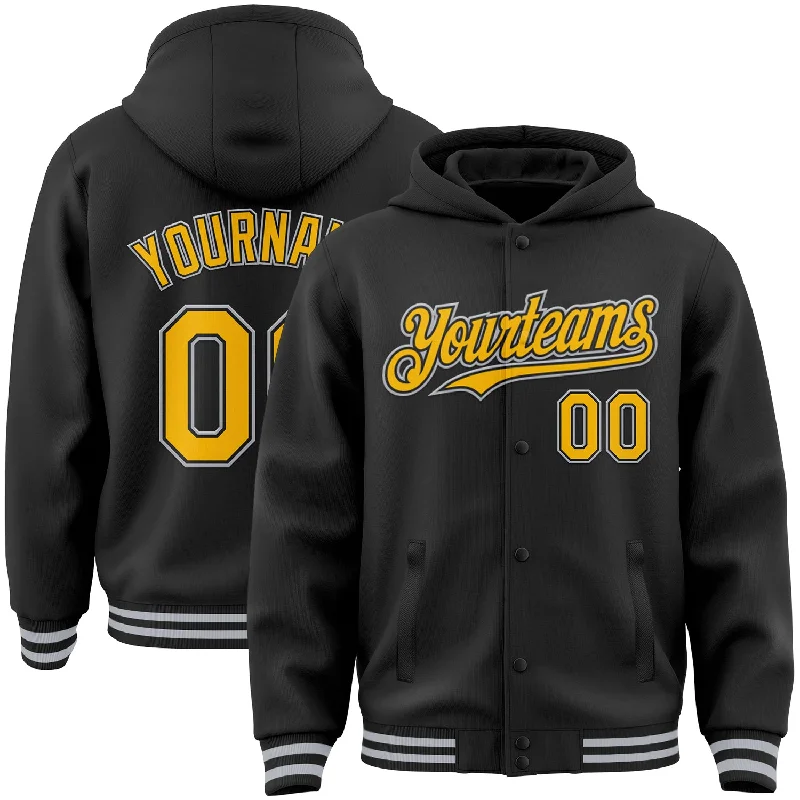 Stylish Unisex Outfit Ideas Boutique Styles Custom Black Gold-Gray Bomber Full-Snap Varsity Letterman Hoodie Jacket