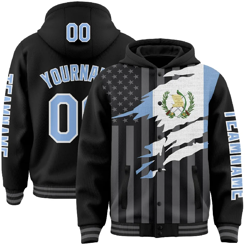 Stylish Unisex Outfit Ideas Comfortable Chic Custom Black Light Blue-Gray Guatemala Guatemalan Flag 3D Bomber Full-Snap Varsity Letterman Hoodie Jacket