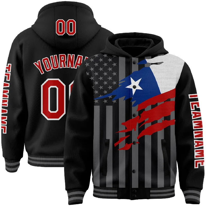 Gender-Neutral Fashion For Everyday Style Chic Style, Always In Vogue Custom Black Red-Gray Chile Chilean Flag 3D Bomber Full-Snap Varsity Letterman Hoodie Jacket