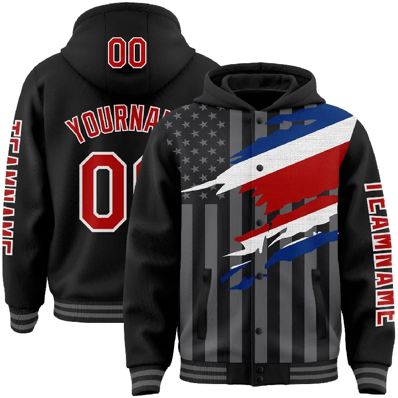 Contemporary Gender-Free Clothing Styles Trend Forward Threads Custom Black Red-Gray Costa Rica Costa Rican Flag 3D Bomber Full-Snap Varsity Letterman Hoodie Jacket