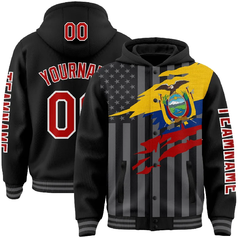 Minimalist Unisex Fashion Essentials The Latest Trends Custom Black Red-Gray Ecuador Ecuadorian Flag 3D Bomber Full-Snap Varsity Letterman Hoodie Jacket